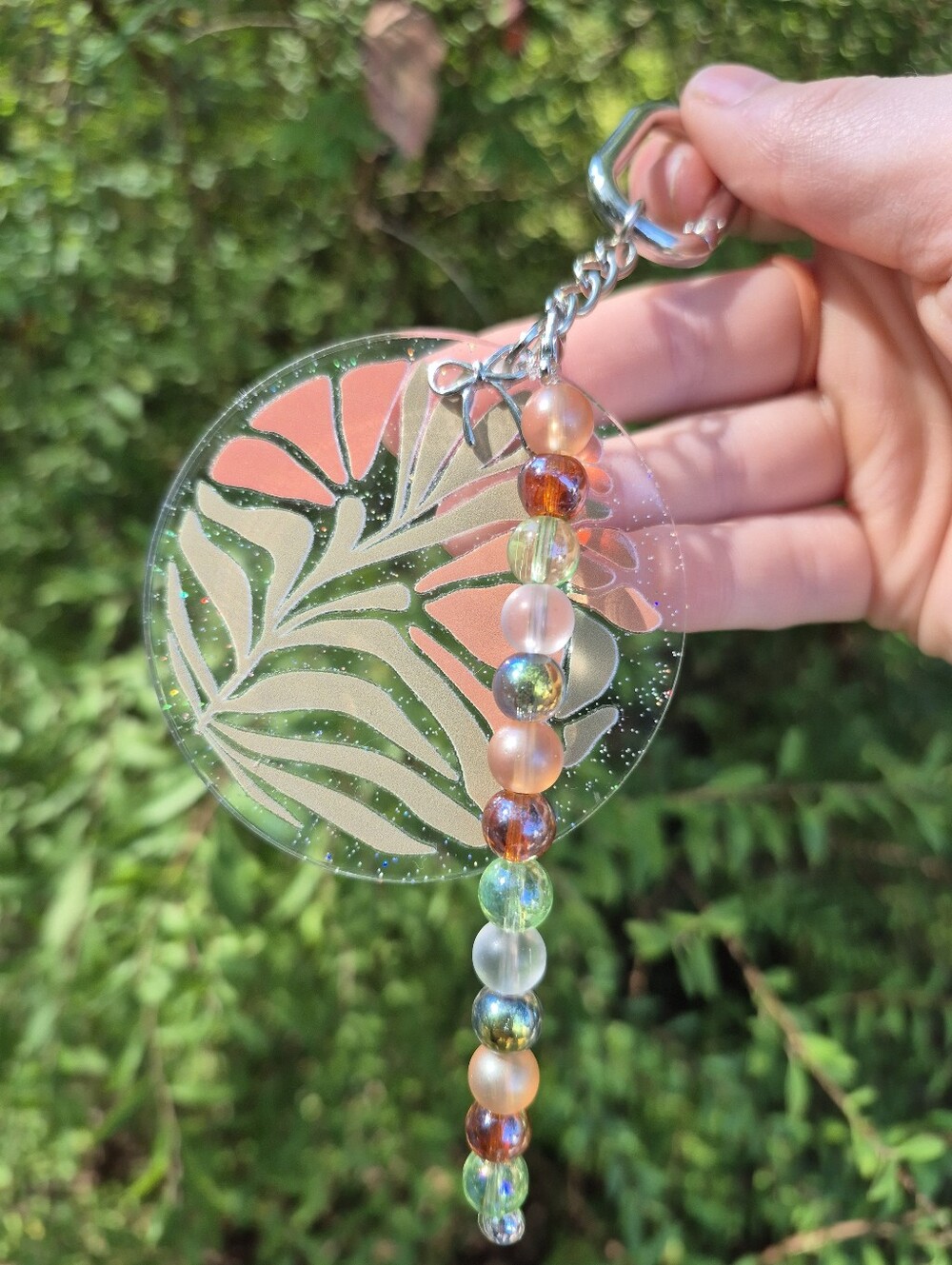 Handcrafted Clear Round Orange Flower Keychain w/ Beaded Charm